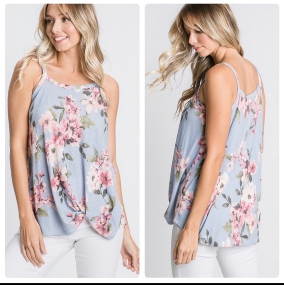 Hopley Tops - Hopley Floral Spaghetti Strap Tank Top With Knot on the Side Detail-S & L
